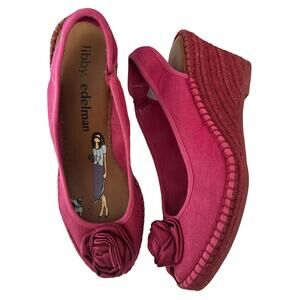 Libby Edelman Curtsy Pink Denim Rosette Wedge peep toe Espadrille size 8.5